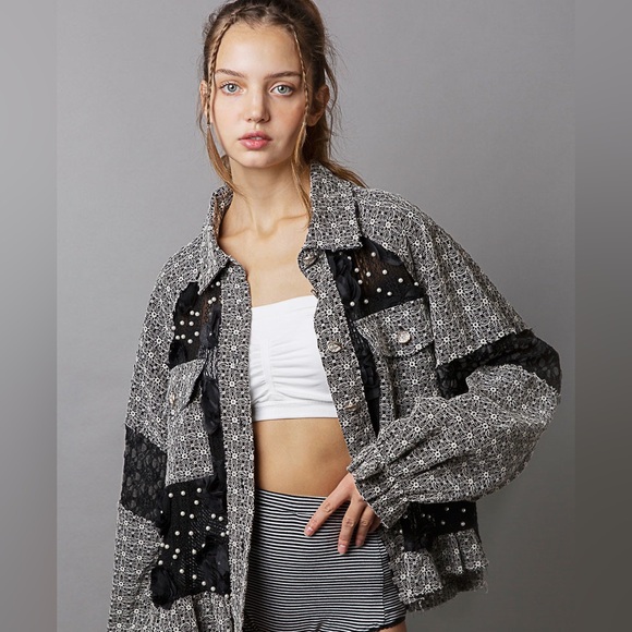 80. POL Shacket Jacket Top Women's Gray Lace Woven Balloon Sleeve Front Pockets - Picture 4 of 5